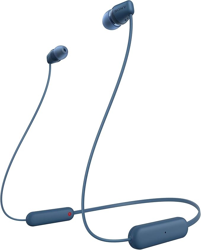 Sony WI-C100 Kabellose In-Ear-Kopfhörer (bis zu 25 Stunden Akkulaufzeit, optimiert für Sprachassistenten, integriertes Mikrofon für Anrufe, Bluetooth), Blau, Klein