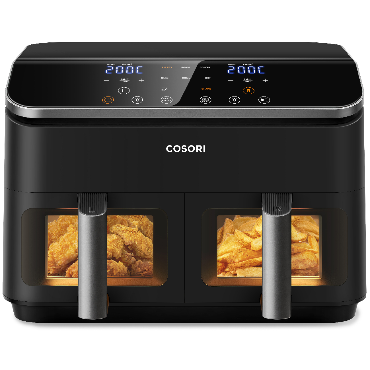COSORI Air Fryer mit 2 Kammern, 8-in-1 Dual Zone XXL 8,5 L, verfügt über ein Zwei-Kammer-Design mit Sichtfenstern für ausgewogene Mahlzeiten; Enthält 50 Rezepte, energiesparend und geeignet für 1-5 Personen.