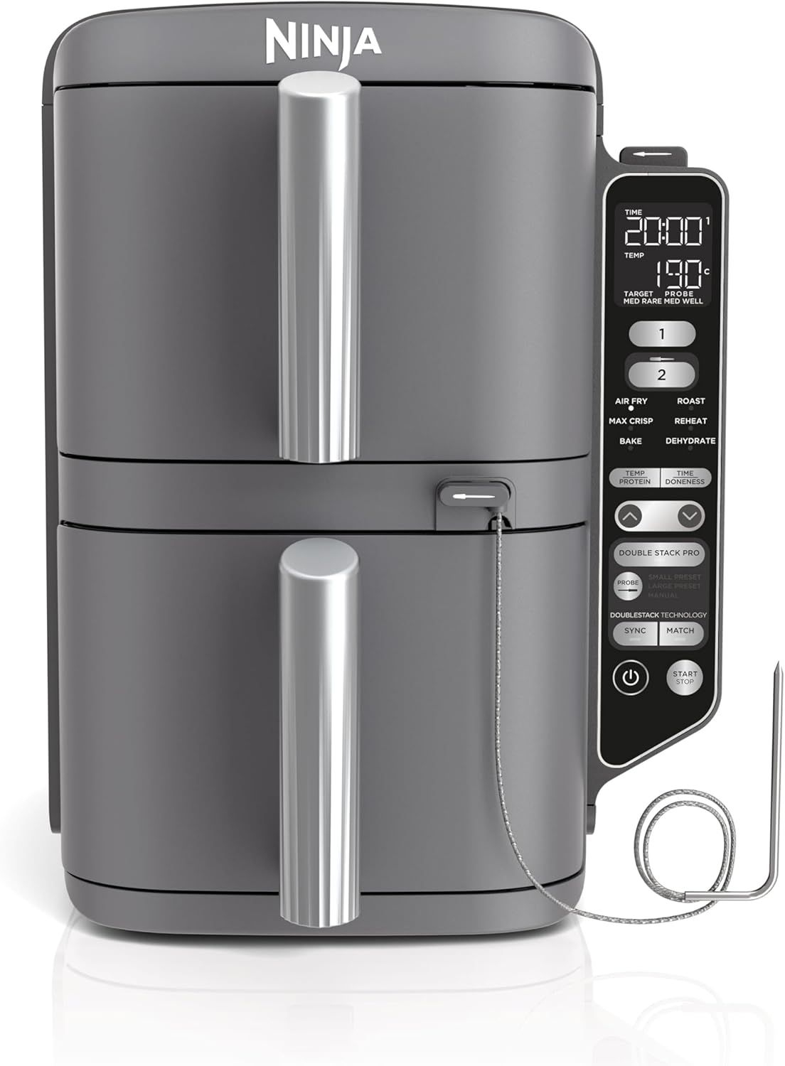 Ninja Double Stack XL Heißluftfritteuse mit digitalem Thermometer, 9,5 L, vertikal, 4 Kochprogramme, 2 Ebenen, 6 Funktionen, 8 Portionen, grau SL451EU