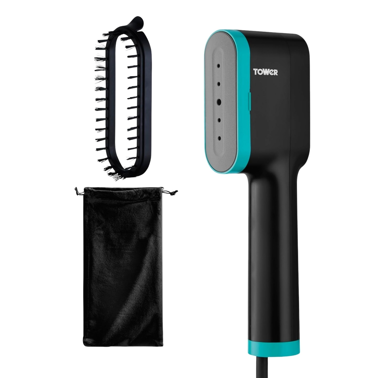 Tower T22038TL Ceraglide Handheld Garment Steamer with Ceramic Soleplate, Brush Attachment, Vertical Steaming, 1400W, Black & Teal