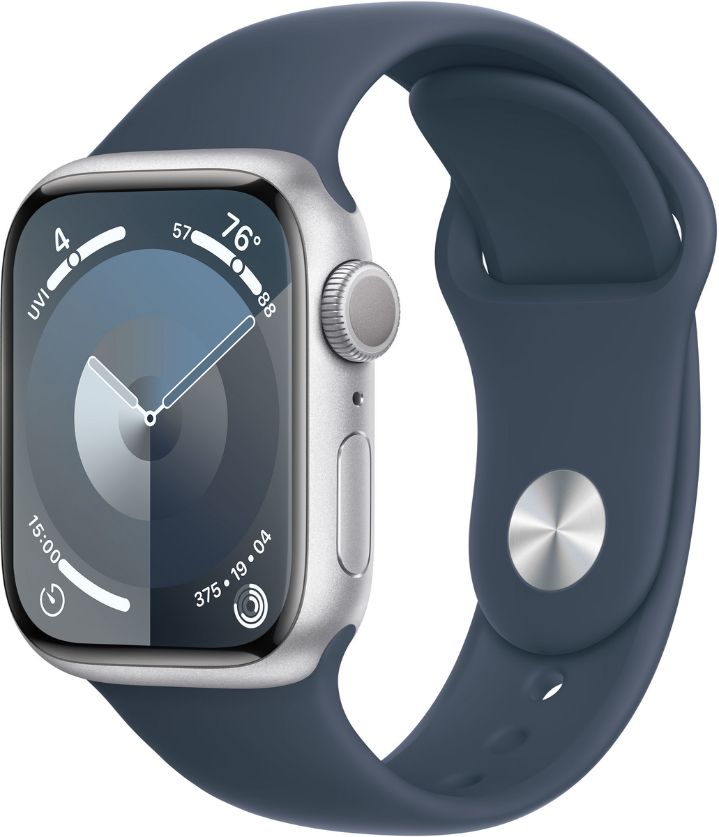 Apple Watch S9 (41mm/ GPS) - Silver Aluminum Case with Storm Blue Sport Band (Small/Medium)