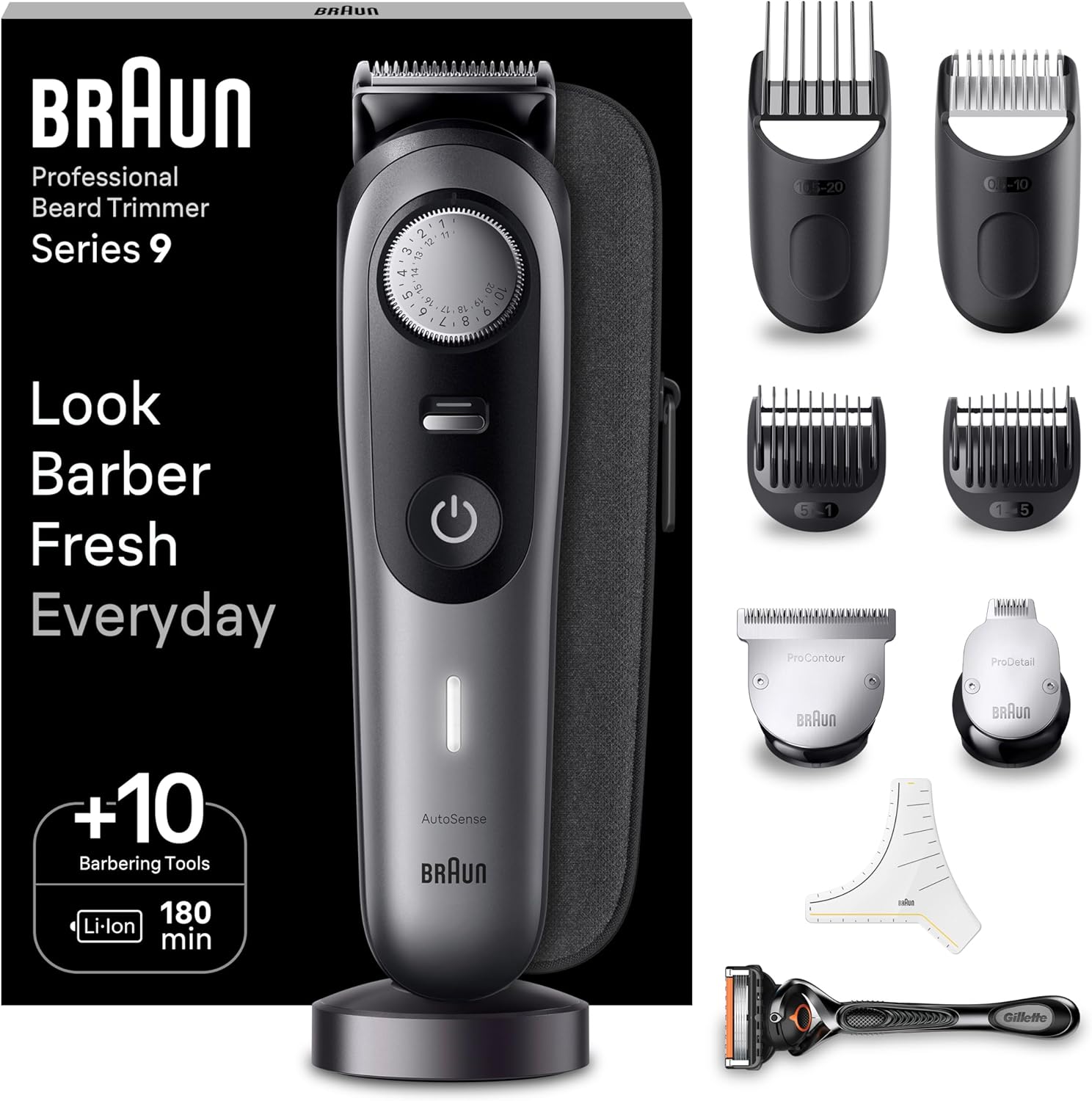 Braun BT9420 Series 9 Elektrischer Barttrimmer für Männer mit 10 Friseurwerkzeugen, Ultra-scharfe ProBlade-Klinge, 180 Min Akkulaufzeit, Kabelloser Bartschneider, 40 Längen, Wasserdicht, Grau