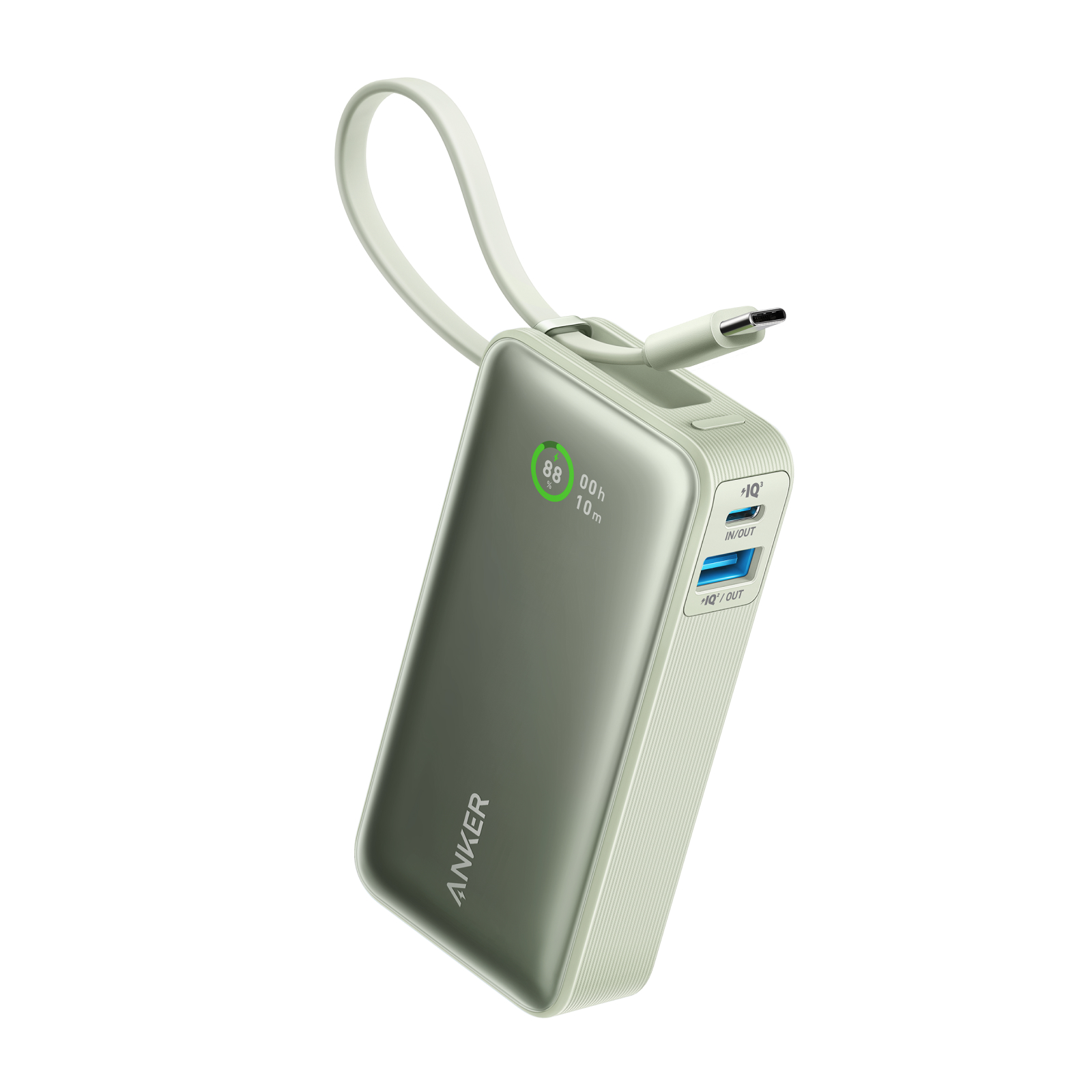 Anker Nano Powerbank (10.000 mAh, 30 W, integriertes USB-C-Kabel), Grün