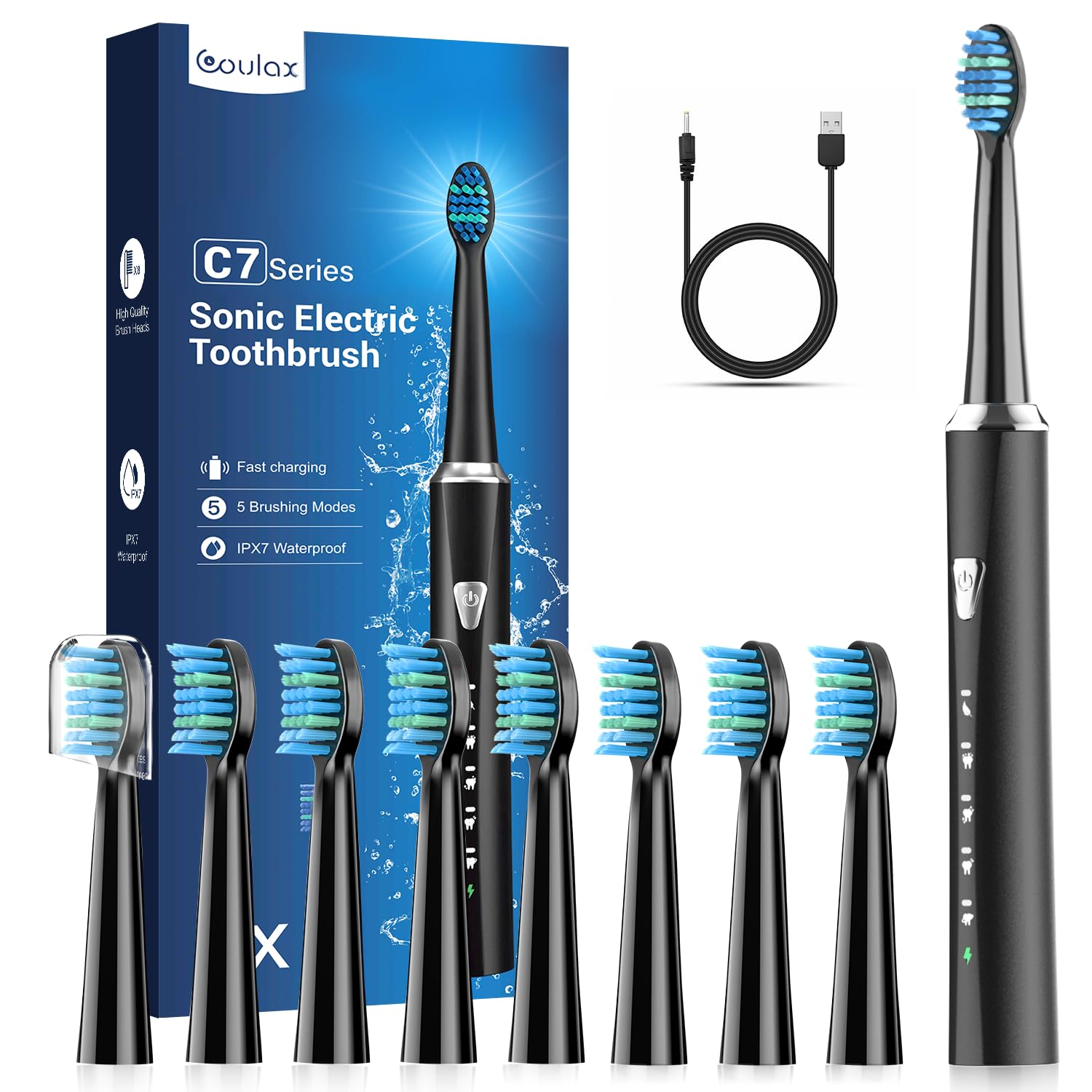 Coulax Hollow-Cup Electric Toothbrush, 8 Brush Heads, 5 Modes - Black