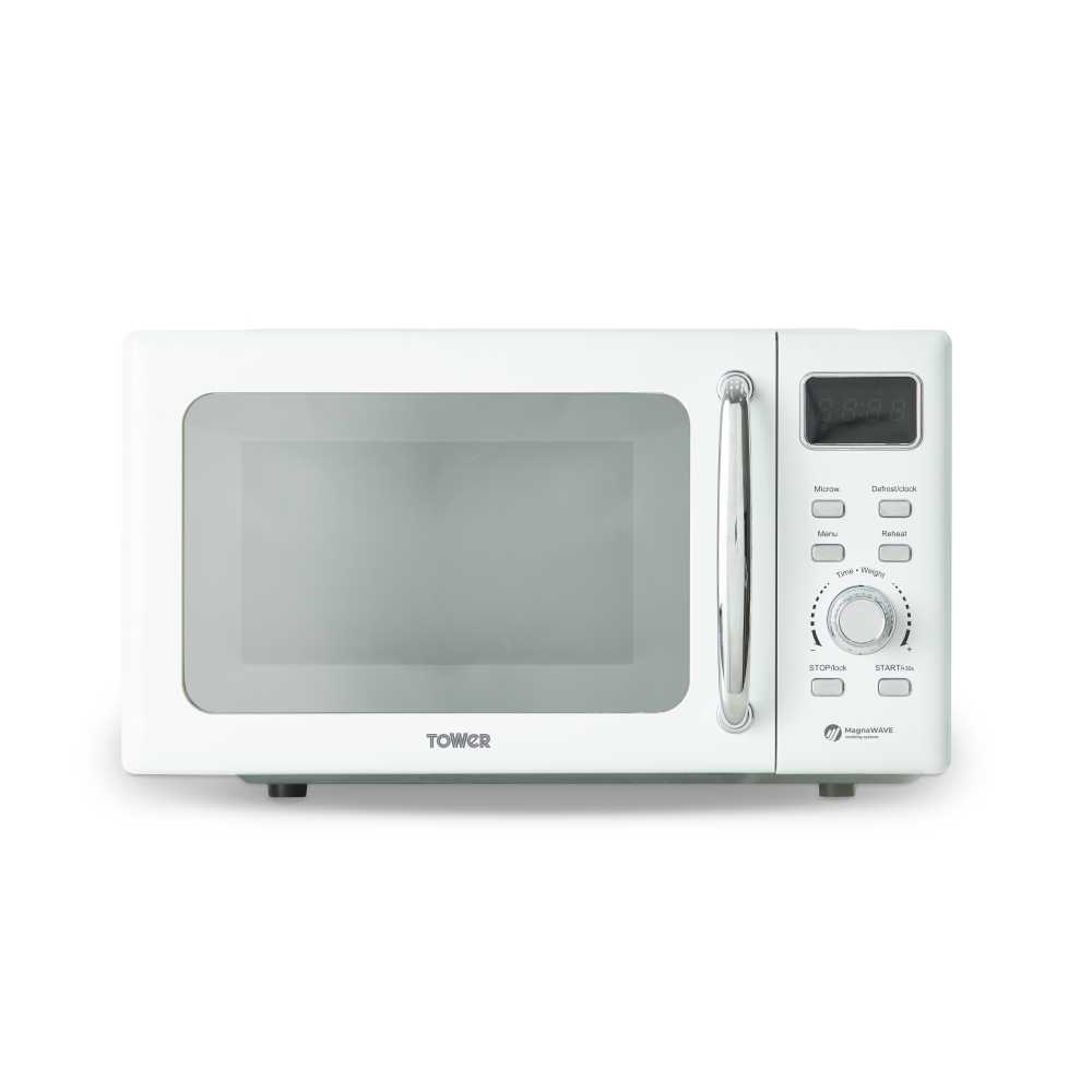 Tower T24041WHT Digital Microwave with Sleek Mirror Door, 800W, 20L, White & Chrome