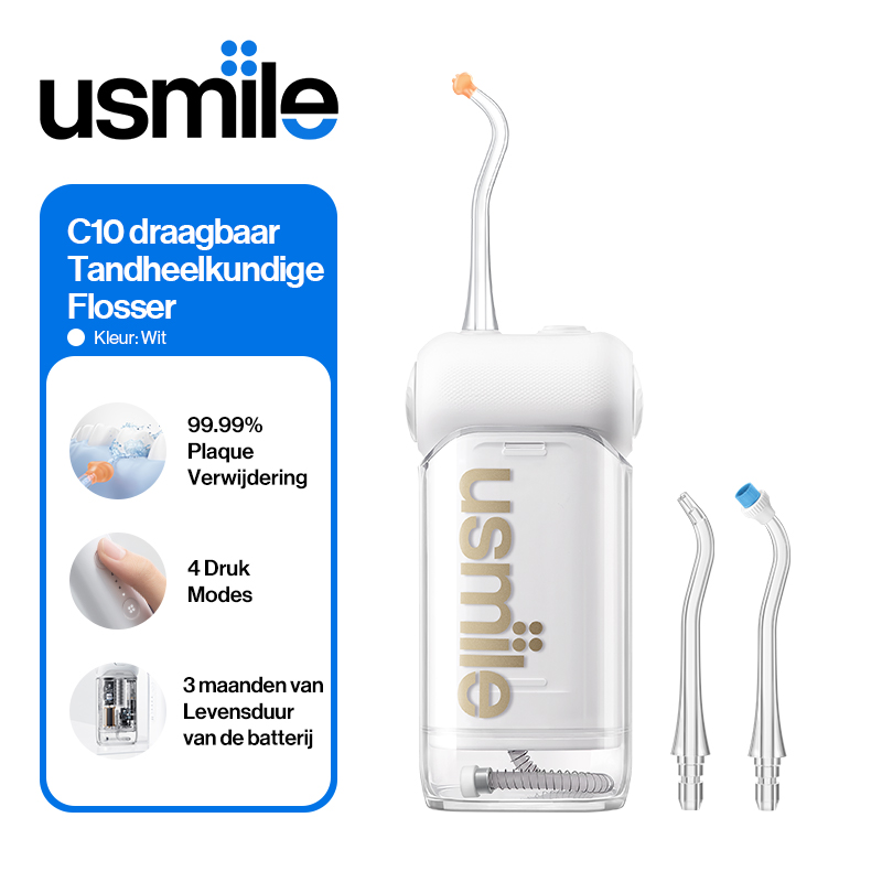 usmile C10 Draagbare Waterflosser, Reisvriendelijk, 95 Dagen Batterijduur, 4 Modussen, 360° Mondstuk, 180ml Reservoir, IPX7 Waterdicht, Aanbevolen door Tandartsen voor Beugels, Implantaten en Gevoeligheid