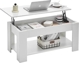 CLIPOP White Lift Top Coffee Table Wooden Sofa Side Tea Table with Hidden and Open Storage Shelf, Extendable Center Table for Living Room