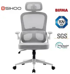 SIHOO M102C ergonomischer Netz-Bürostuhl, hohe Rückenlehne mit 3D-Armlehnen, höhenverstellbare Lendenstütze, drehbar, weißes Gestell und hellgraues Mesh