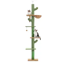 PAWZ Road Cactus Cat Scratching Post Floor to Ceiling Cat Tower with Adjustable Height (229-275cm), 5 Levels Cat Tower with Cosy Hammock, Platforms and Dangling Balls
