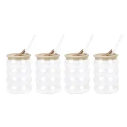 Cloud-Shaped Single Wall Glass Tumbler Set (4-Pack) with Reusable Glass Straws and Silicone Tip/Lid, High Borosilicate