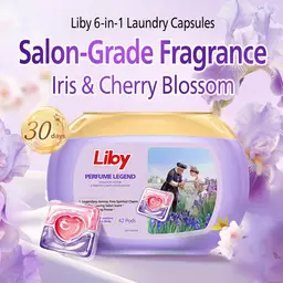 Liby Pods de lessive parfumés - Iris de Florence, 42 capsules, Pods 6-en-1, Nettoyage efficace et doux, Élimination puissante des bactéries