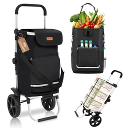 Foldable Shopping Trolley with Cooling Compartment, 3-in-1 Trolley, Sack Truck & Shoulder Bag, Shopping Trolley, Shopping Trolley 42L Capacity & Tie Down Strap, Shopping Cart with Wheels, Foldable Trolley, Grocery Shopping, Portable Trolley, Black
