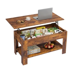WLIVE höhenverstellbarer Couchtisch mit Regal, rechteckiger Wohnzimmertisch mit offenem und verstecktem Stauraum, Couchtisch für Wohnzimmer und Schlafzimmer (Industriell, Rustikal Braun)