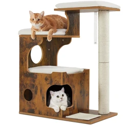 FEANDREA Cat Tree, 86 cm, 3 Lounging Areas, Cave, MDF with Wood Grain, Sisal Pole, Washable Plush Cushions, Vintage Brown-White