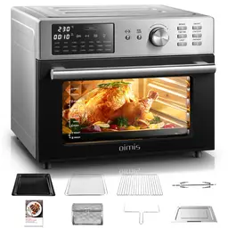 OIMIS Intelligenter Edelstahl-Heißluftfritteusen-Ofen mit 21 Voreinstellungen, 30L Extra Große Heißluftfritteusen-Toaster-Ofen-Kombination, mit Rotisserie & Dörrautomat, passend für 13" Pizza, 1800W, Silber