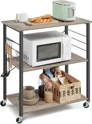 VASAGLE Küchenregal auf Rollen, Servierwagen, 3 Ebenen, Küchenwagen, für Mini-Backofen, Mikrowellen, Metallrahmen, 6 Haken, 40 x 80 x 89 cm, greige meliert-tintenschwarz KKS067K02