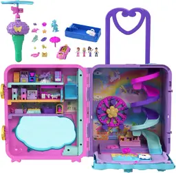Polly Pocket Pollyville Urlaub im Koffer - 4 Puppen, 1 Fahrzeug, 25+ Zubehörteile, Strand, Promenade, 3-stöckiges Hotel mit Hubschrauber, für Kinder ab 4 Jahren, HKV43