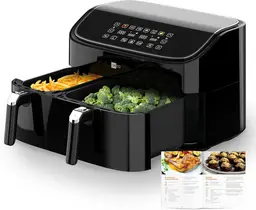 aeco DUO Doppelkammer Heißluftfritteuse 9 Liter (3l & 6l, Synchronisationsfunktion, Heißluftfritteuse mit digitalem Touch-Display & Dehydrationsfunktion, 2850 Watt, 80°-200° einstellbar, 6 Programme, inkl. Rezeptbuch)