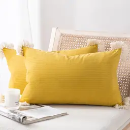 Phantoscope Pack of 2 Corduroy Soft Pillow Covers Decorative Striped Velvet Throw Pillows with Cotton Tassels Ultra Solid Cushion Covers Pillowcases, Mustard Yellow 30 x 50cm