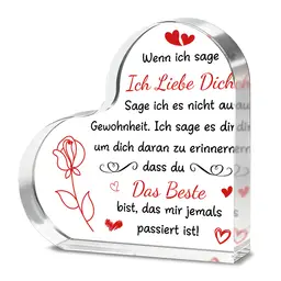 Alphynix 1 Stück Glas-Plakette mit deutschem Liebesherz, romatisches Geschenk mit dem kompletten Zitatstext „Wenn ich sage Ich liebe dich...“ und handgezeichneter Rose, Geschenk zum Jahrestag