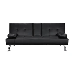 Yaheetech 3-Sitzer Schlafsofa mit Getränkehalter Gästebett Neigbare Rückenlehne 105°/140°/180°, 167 x 81,5 x 75 cm, Belastbarkeit 350 kg, Schwarzes Kunstleder