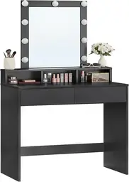 VASAGLE Schminktisch mit LED-Beleuchtung, Einstellbare Helligkeit, Schminktisch mit Spiegel, Kosmetiktisch mit 2 Schubladen und 3 Offenen Fächern, Modern Schwarz