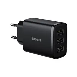 Baseus USB-A Wandladegerät, 3-Port 17W USB-Ladeadapter EU-Stecker – Intelligentes, sicheres und kompaktes Laden – Schwarz, kompatibel mit iPhone, Samsung, Google Pixel
