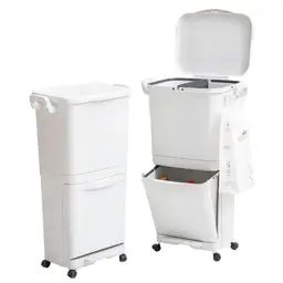 ochama×J.ZAO Dry and Wet Separation Trash Can - Double-layer Trash Can, Vertical Waste Separation System with Wheels, Moveable Recycling Bin for Kitchen Waste with Large Compartments, Rubbish Trash Garbage Can - Kitchen, Living Room, Home Use - White, 45L