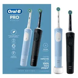 Oral-B Vitality Pro Adult Electric Toothbrushes, Duo Pack, 2 Toothbrush Heads, 3 Brushing Modes Including Sensitive Plus, 2 Pin UK Plug, Black & Blue