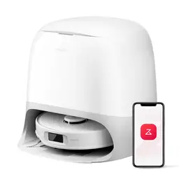 Aspirateur robot roborock Qrevo Curv S5X avec fonction de nettoyage par essuyage, station d'aspiration, système double anti-emmêlement, puissance d'aspiration de 18 500 Pa, lavage à l'eau chaude à 75 °C, détection intelligente des saletés, tout-en-un, blanc.