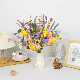 6 Stück 17 Zoll/43,18 cm  
Künstliche Frühlingsblumen - Frühlingsblütenstiele, Blumenstecker mit rosa, gelben und violetten Tulpen und Wildblumen für Tischdekorationen, Vasen, Blumenarrangements, Sommer- und Osterdekoration