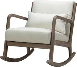 HULALA HOME Modern Rocking Accent Chair with Lumbar Pillow & Wooden Base,Comfy Living Room Lounge Armchair, Upholstered Glider Rocker Armchair for Nursery, Bedroom, LINEN