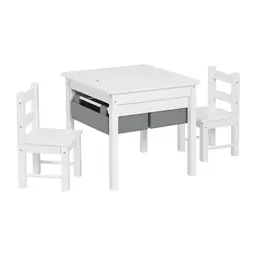 Lestarain 1 Kindertisch + 2 Stühle, Kinderset mit wendbarer Tischplatte, 2 abnehmbare Stoff-Aufbewahrungskörbe, Weiß+Grau