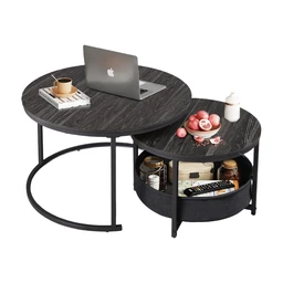 WLIVE Runder Couchtisch, 2er-Set, Beistelltische mit Stoffkorb, stapelbare Tische, Wohnzimmertisch mit Metallrahmen und Holzplatte, Sofatisch für Wohnzimmer, Balkon (Kohle-Schwarz)