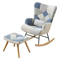 Schaukel-Relaxsessel mit Fußhocker, moderner Stoff-Sessel, gepolstertes Schlafsofa für Wohnzimmer, Schlafzimmer, Büro (Patchwork-Farbe, Fischgrätenmuster) - Tragfähigkeit bis zu 110 kg