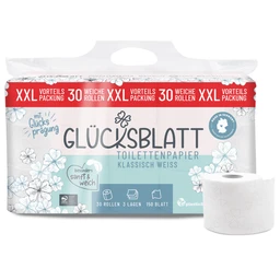 Glücksblatt Toilettenpapier, 3‑lagig, Weiß mit Prägung, 30 Rollen à 150 Blatt, Hergestellt in Deutschland.
