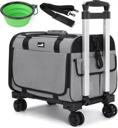 Pecute Cage de transport pour chat avec roulettes - Pare-soleil, tige en alliage d’aluminium, roues silencieuses, transporteur pliable pour chats et chiots (46 cm L x 30 cm l x 33 cm H)