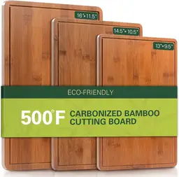 VVM Gecarboniseerde bamboe snijplanken voor de keuken, XL duurzame houten snijplank met sapgroeven en handgrepen, set van 3 stevige serveer- en borrelplanken voor maaltijdvoorbereiding en serveren