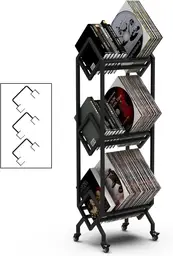 3 Tier Vinyl Record Storage Rack, Mobile Black Metal LP Storage Display Stand with Casters, Large Capacity Record Holder for Albums, Books, Magazines, and Office Files