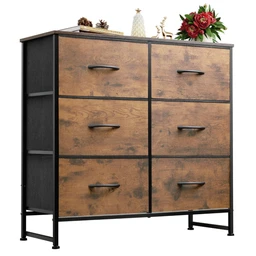 WLIVE Stoff-Kommode mit 6 Schubladen, für Schlafzimmer und Wohnzimmer, mit stabilem Stahlrahmen, Holzoberfläche, Vintage Braun/Schwarz