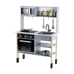 Theo Klein 7199 Miele Kitchen | Height-Adjustable Wooden Kitchen with Hob with Sound and Light | Elegant Kitchen Accessories in Stainless Steel (Not Heatable) and Wood | Toy for Children from 3 Years