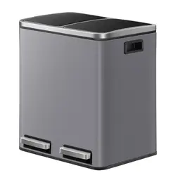 SONGMICSHOME Poubelle 2 x 15 litres, Tri des déchets à 2 compartiments, incluant 15 sacs poubelle,avec pédale, couvercle à fermeture douce, gris foncé