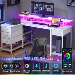 Seventable Computer Desk L Shape with 4 Drawers & Shelves, Gaming Table with LED & Sockets, Gaming Desk with Monitor Stand for Home Office, Bedroom, Living Room (White, 120 cm)