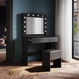 SONNI Schminktisch mit Hocker Spiegel, Kosmetiktisch mit Schubladen für Schlafzimmer, Frisiertisch Schreibtisch aus MDF und Massivholz, Kinderleichte Montage