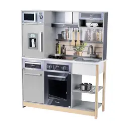 Theo Klein 7194 Miele Family Kitchen | Wooden Kitchen with Kitchen Appliances | Stove with Light and Sound Function | Includes Toy Kitchen Accessories | Toy for Children from 3 Years