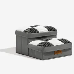 FUNNYFUZZY handgemaakte huisdierentrappje met opbergvak, 2 trappen, grijs, geruit schaakbord