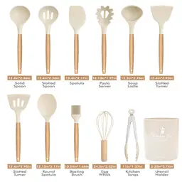 MEOKY 12 pièces de set d'ustensiles de cuisine en silicone avec petit porte-objets - Blanc