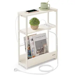 VASAGLE Schlanker Beistelltisch, Nachttisch mit Ladefunktion, Kleiner Couchtisch, 3 Regale, Zeitschriftenhalter, für Wohnzimmer, Schlafzimmer, Home Office, Cremeweiß LET335W02