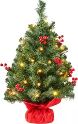 Yaheetech 2FT Tischweihnachtsbaum mit 35 LED-Lichtern & stabiler Betonbasis rote Beeren festlich tragbarer Weihnachtsschmuck Grün