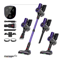 monsgaClean M100 paarse draadloze stofzuiger, 55.000 Pa, tot 50 min werktijd, voor thuis, touchscreen, groene lichtfunctie voor zichtbaar stof, antiklits stokstofzuiger met zelfdragend ontwerp, oplaadbaar, geschikt voor dierenharen en tapijten